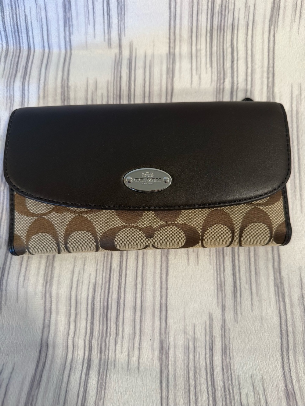 Coach Signature Canvas Wallet with Dark Brown Leather Flap